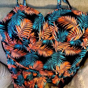 Never worn swim dress blue and orange with tropical palm leaves size 22